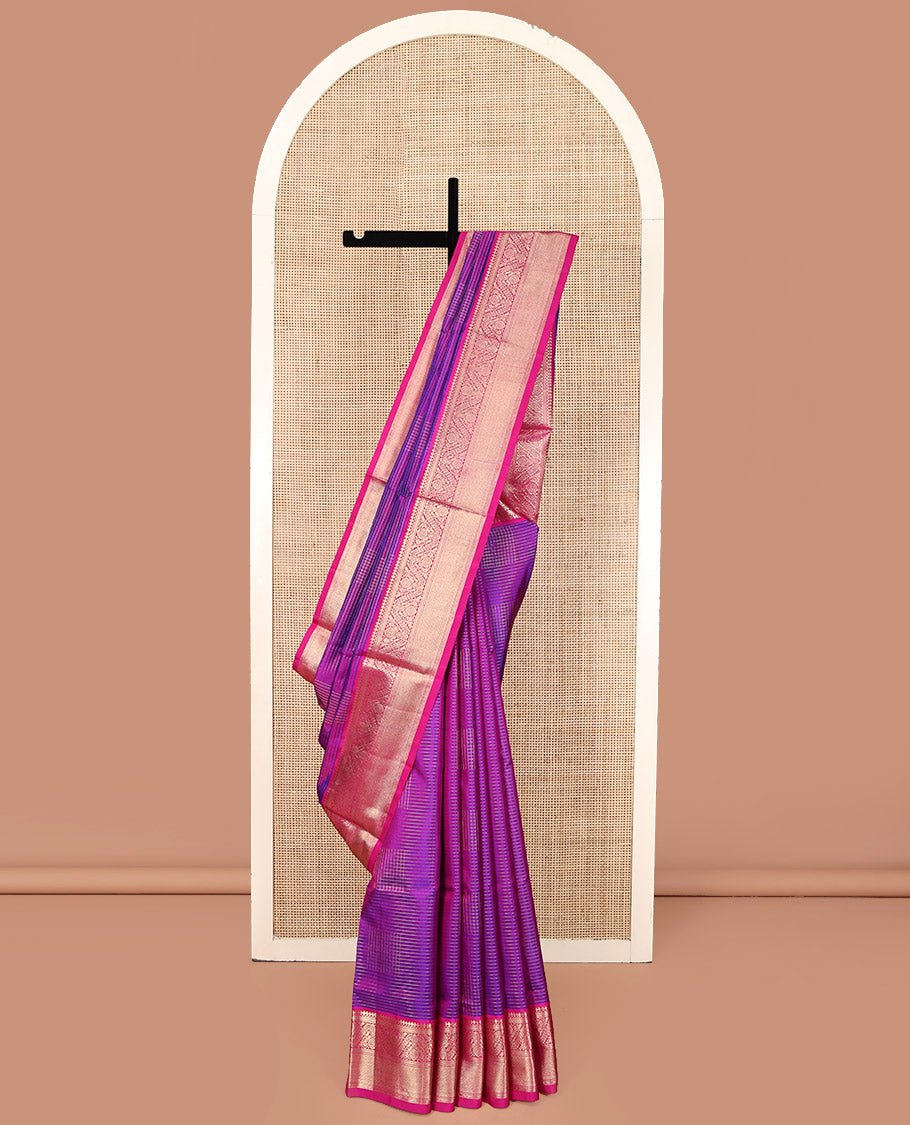 Purple Venkatagiri Silk Saree, Richly Detailed With Zari Checks All Over Its Body, Complemented By A Contrast Traditional Zari Design Border, Grand Pallu, And Paired With A Matching Blouse