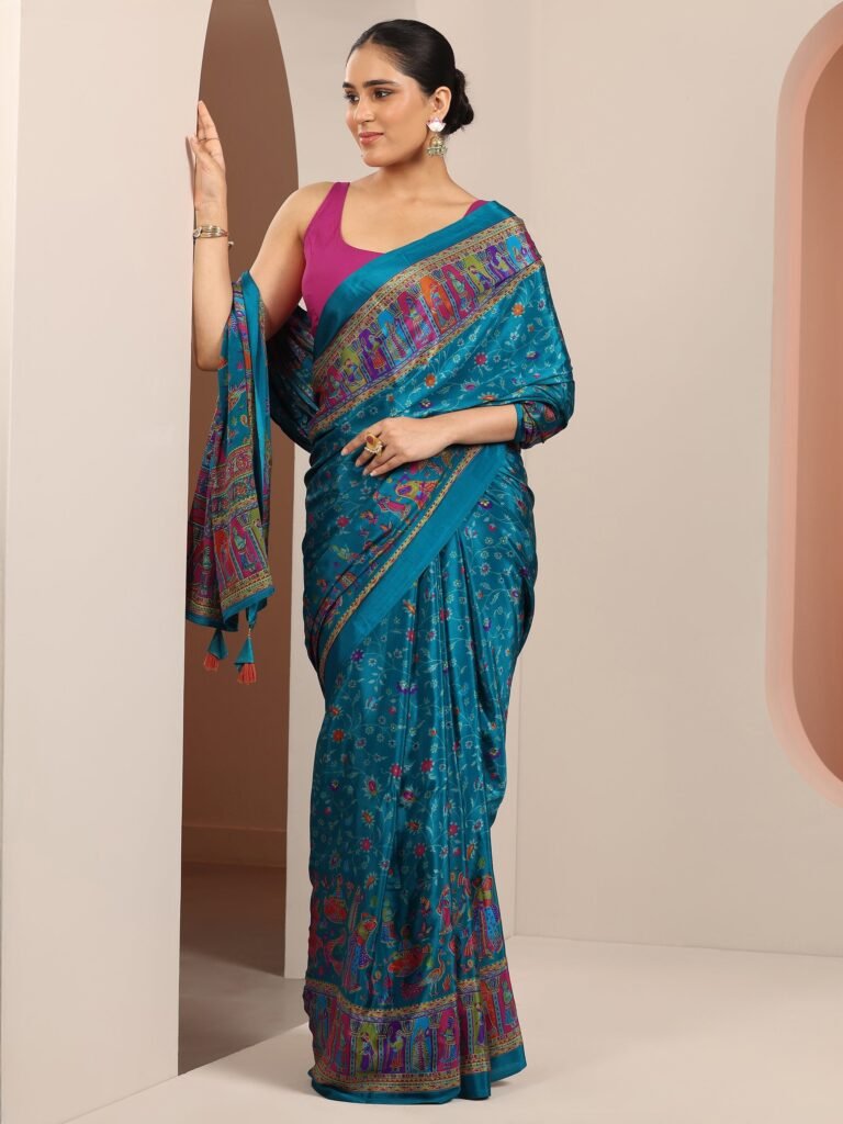 Blue Printed Crepe Saree With Unstitche… by Libas, South Asian ethnic wear