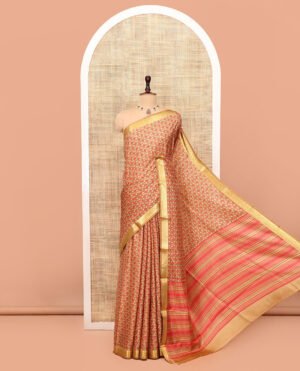 Mustard Printed Silk Saree, Steeped With Paisleys, A Traditional Zari Border, Geometric Patterned Pallu, And Matching Blouse by Pothys, South Asian ethnic wear