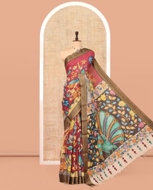 Red Kalamkari Printed Semi-Banarasi Tussar Saree, Accentuated With Human Figurines, Contrast Zari Border, Contrast Peacock Pallu, And A Contrast Blouse by Pothys, South Asian ethnic wear