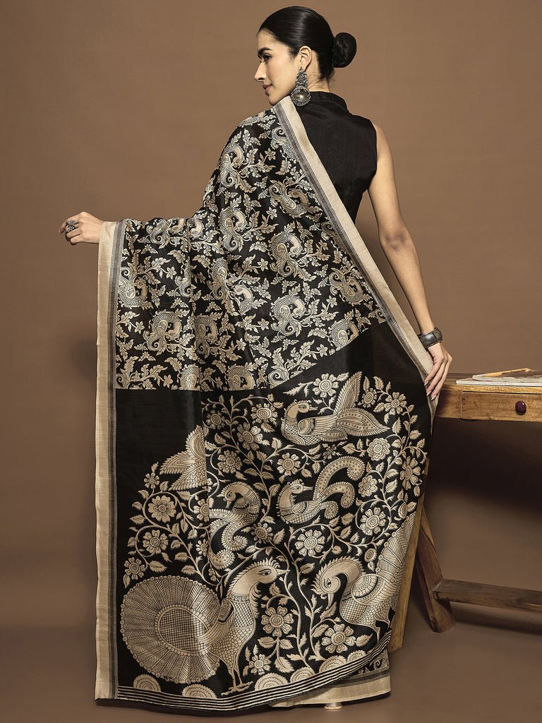 Women’S Bhagalpuri Silk Black Printed Ready To Wear With Blouse Piece by trendia, South Asian ethnic wear