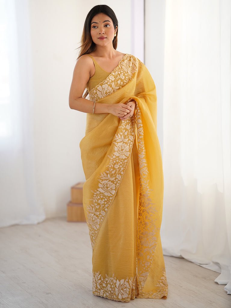 Women’S Tissue Mustard Embroidered Designer Saree With Blouse Piece by trendia, South Asian ethnic wear