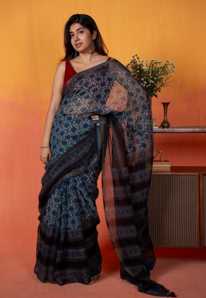 Black Floral Jaal Ajrakh Hand Block Print Kota Doria Cotton Saree by The Indian Ethnic Co., South Asian ethnic wear