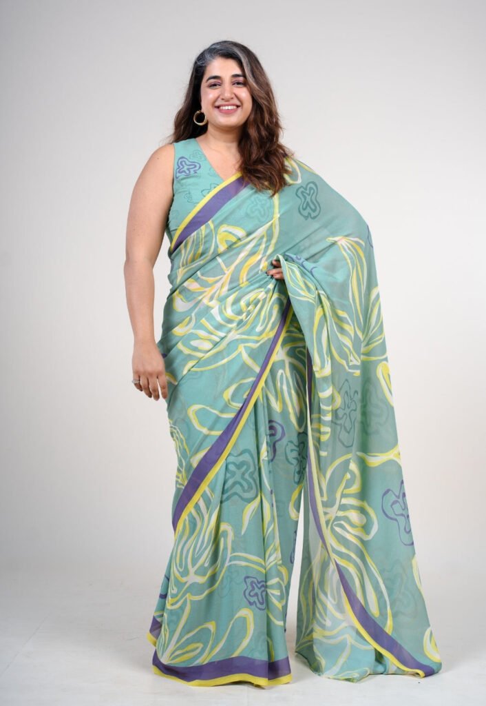 Fiyana Mint Green Georgette Printed Saree by The Indian Ethnic Co., South Asian ethnic wear