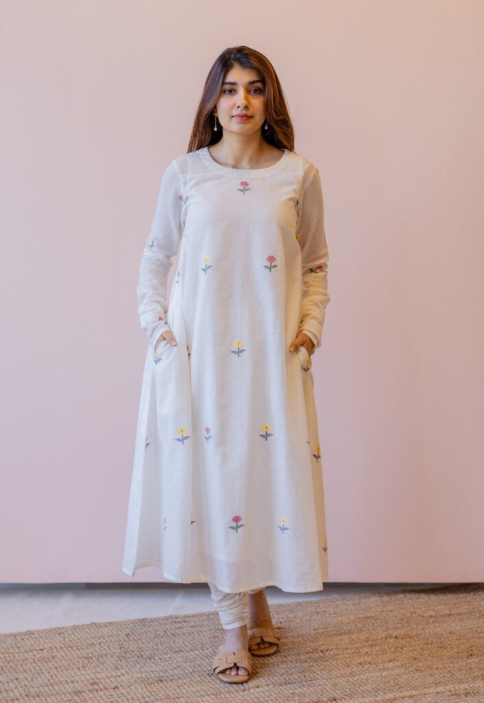 Kiran Off White Jamdani Handspun Handwoven Cotton A Line Kurta by The Indian Ethnic Co., South Asian ethnic wear
