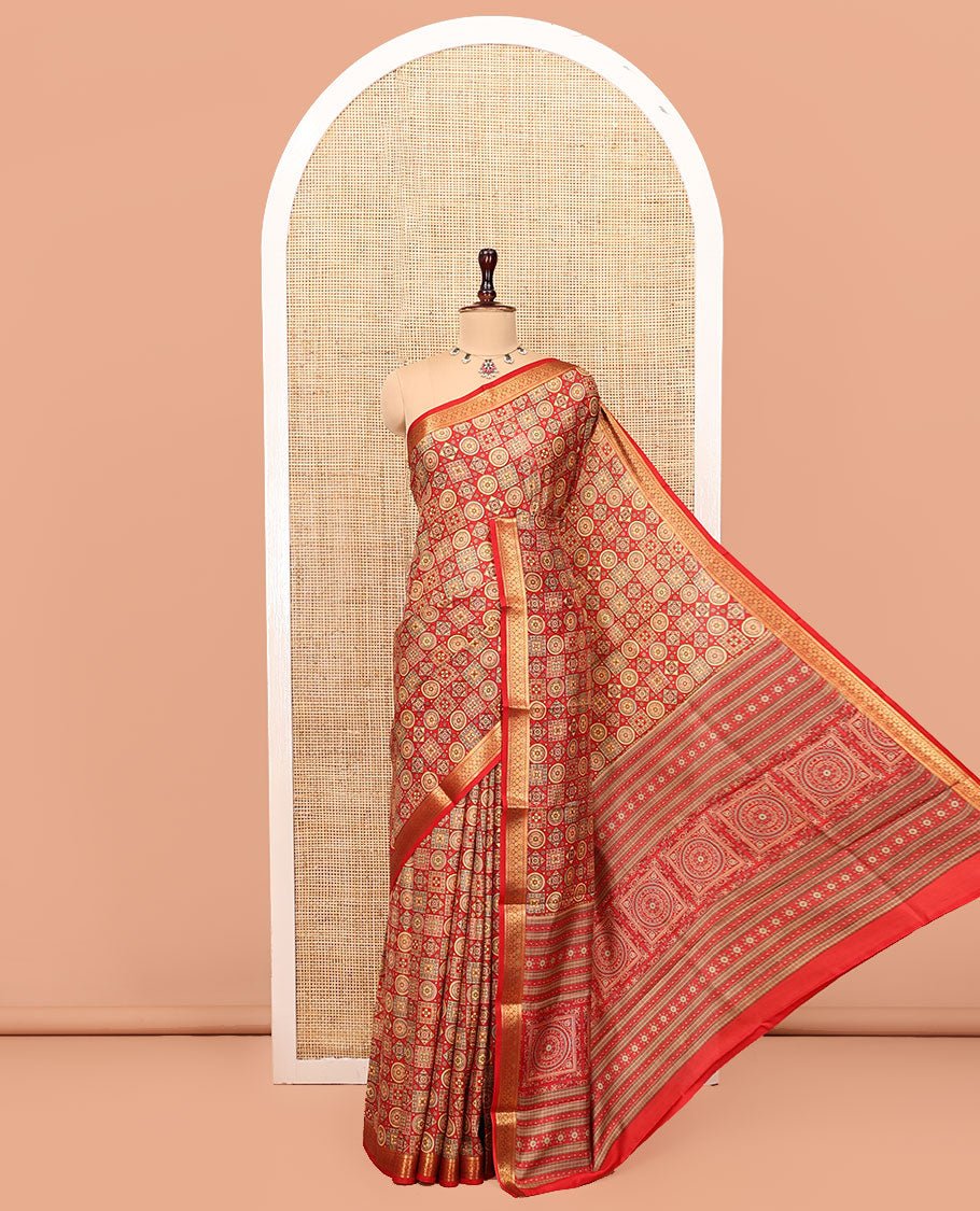 Red Printed Silk Saree, Gracefully Embellished With Geometric Prints, Highlighted By A Traditional Zari Border, Printed Pallu, And A Matching Blouse by Pothys, South Asian ethnic wear