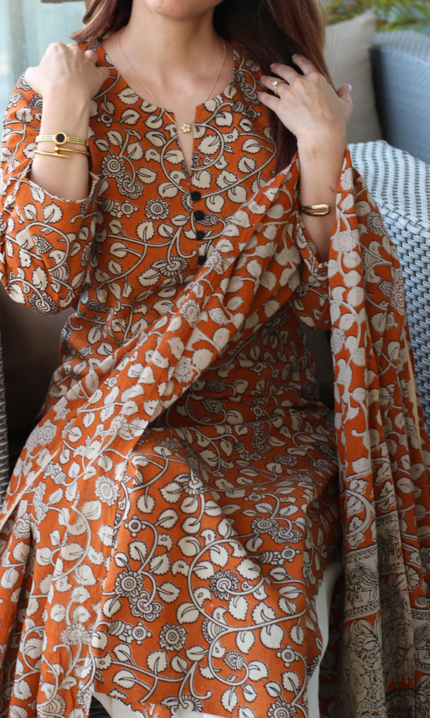 Burnt Orange Kalamkari Kurta And Cotton Kalamkari Dupatta by Baareeki, South Asian ethnic wear