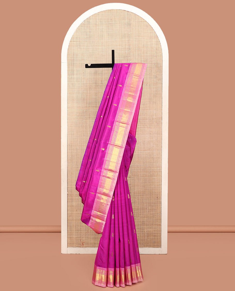 Purple Kanchipuram Silk Saree, Accentuated With Zari Buttas, A Contrast One-Sided Border Of Paneer Sombu, Banaras, Muthu, And Jaal Designs, Zari-Woven Pallu, And No Blouse