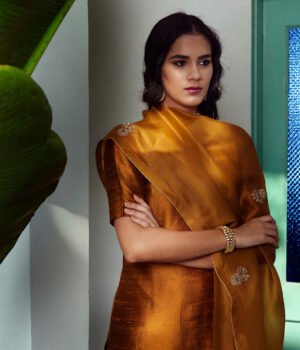 Hand Embroidered Raw Silk Suit In Golden Mustard Color With Hand Embroidery by WeaverStory, South Asian ethnic wear