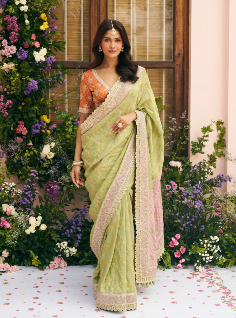 Chandrika Banarsi Green Saree by Mulmul, South Asian ethnic wear