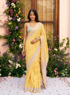 Chandrika Banarsi Mustard Saree by Mulmul, South Asian ethnic wear