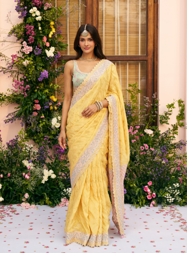 Chandrika Banarsi Mustard Saree by Mulmul, South Asian ethnic wear