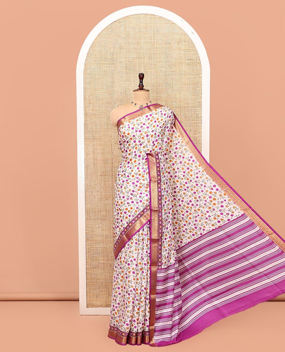 Cream Printed Silk Saree, Majestically Detailed With A Paisley, Fauna, And Human Print, Contrast Traditional Zari Border, Striped Pallu, And Contrast Blouse