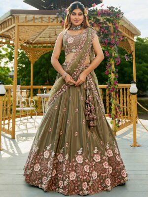 Women'S Olive Colour Satin Sequinse Embroidery Lehenga Choli & Dupatta