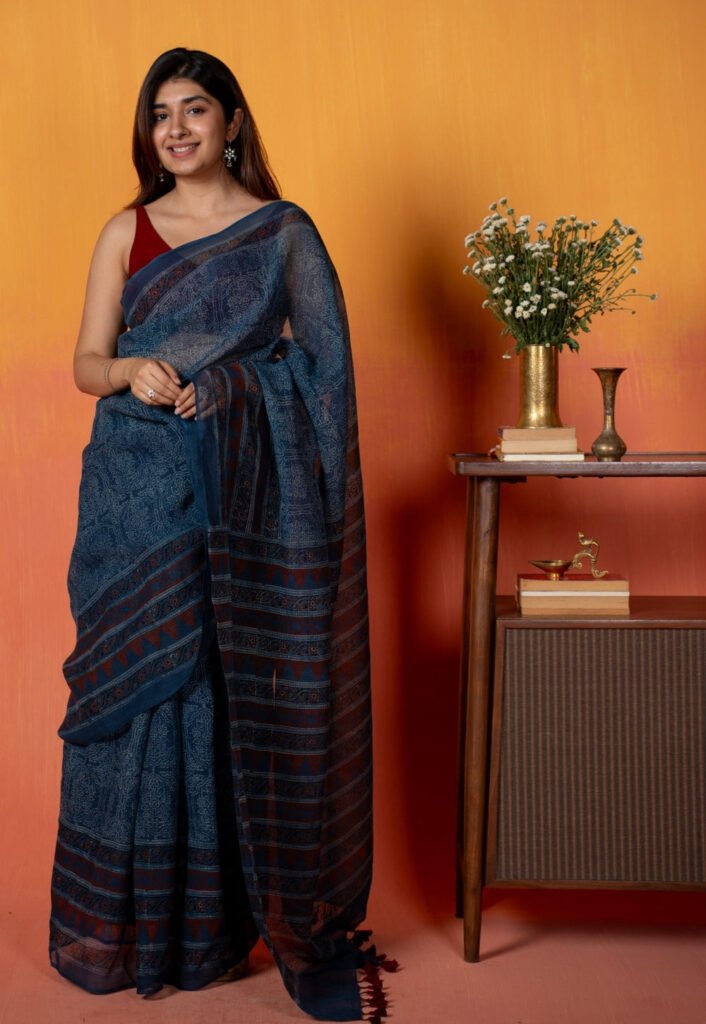 Blue Traditional Ajrakh Hand Block Print Kota Doria Cotton Saree by The Indian Ethnic Co., South Asian ethnic wear