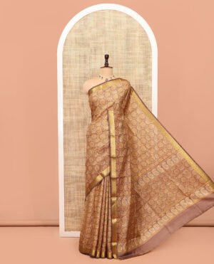 Brown Printed Silk Saree, Accentuated With Floral Jaal Prints, Highlighted By A Traditional Zari Border, Printed Pallu, And A Matching Blouse by Pothys, South Asian ethnic wear