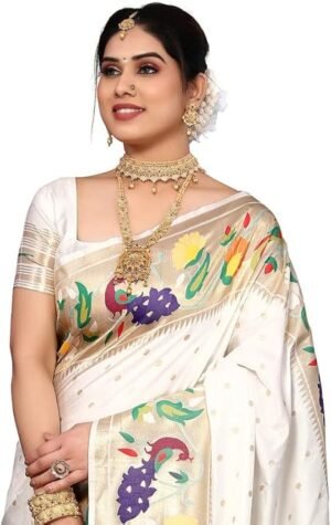 Women'S White Jacquard Paithani Sar