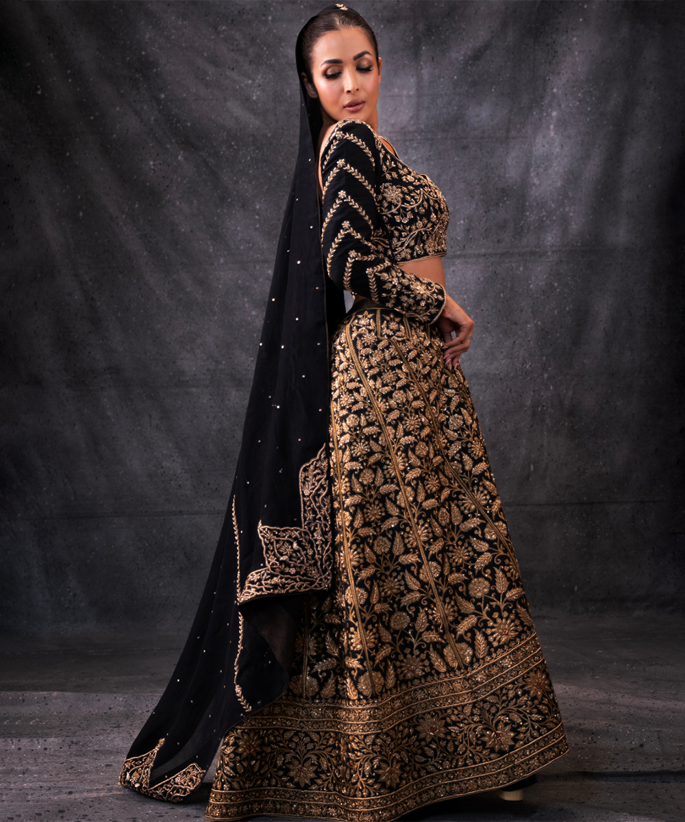 Malaika Arora In Black Hand Embroidered Zardozi Banarasi Lehenga With Blouse And Dupatta