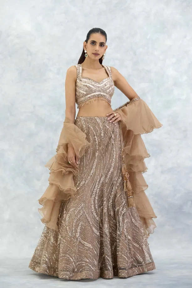 Beige Organza Lehenga Set by Frontier Raas, South Asian ethnic wear