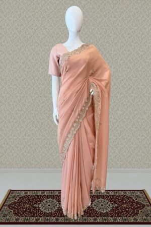 Peach Party Wear Saree With Sequins, Beads Border And Floral Motif Embroidery by Seasons Chennai, South Asian ethnic wear
