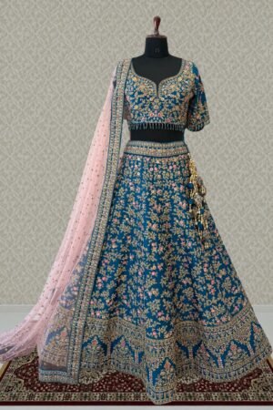 Rama Blue Bridal Lehenga With Pink Dupatta And Stone, Pearl And Zari Work Work