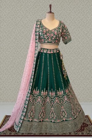 Bottle Green Bridal Lehenga With Pink Dupatta And Stone, Embroidery Work by Seasons Chennai, South Asian ethnic wear