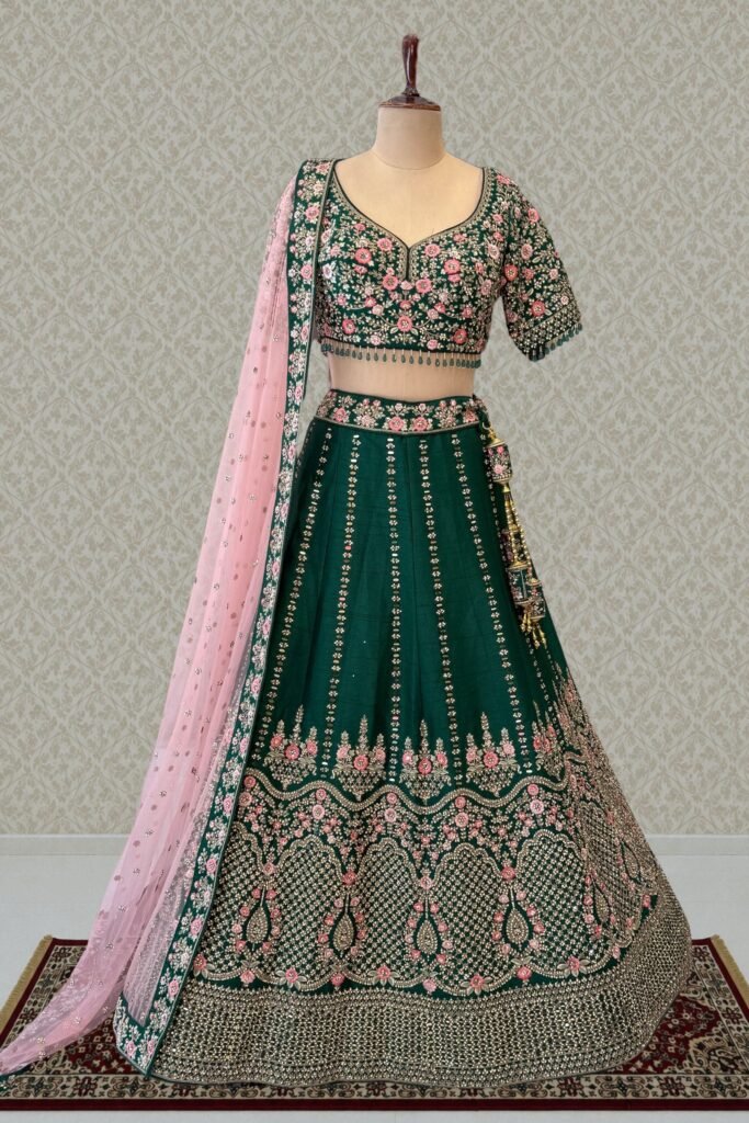 Bottle Green Bridal Lehenga With Pink Dupatta And Stone, Embroidery Work by Seasons Chennai, South Asian ethnic wear