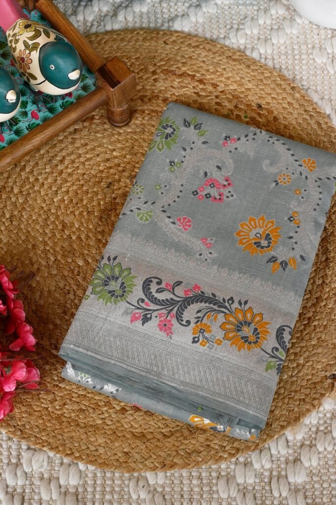 Steel Gray Pure Paithani Silk Saree With Richness Of Meena Work And Silver Zari by BharatSthali, South Asian ethnic wear