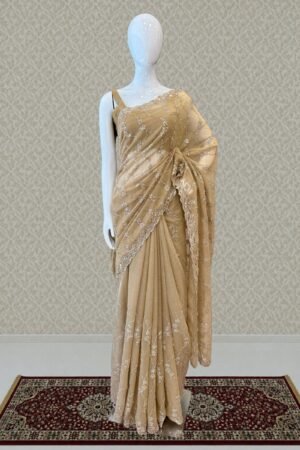Chiku Saree With Beads, Zari And Sequins Work by Seasons Chennai, South Asian ethnic wear