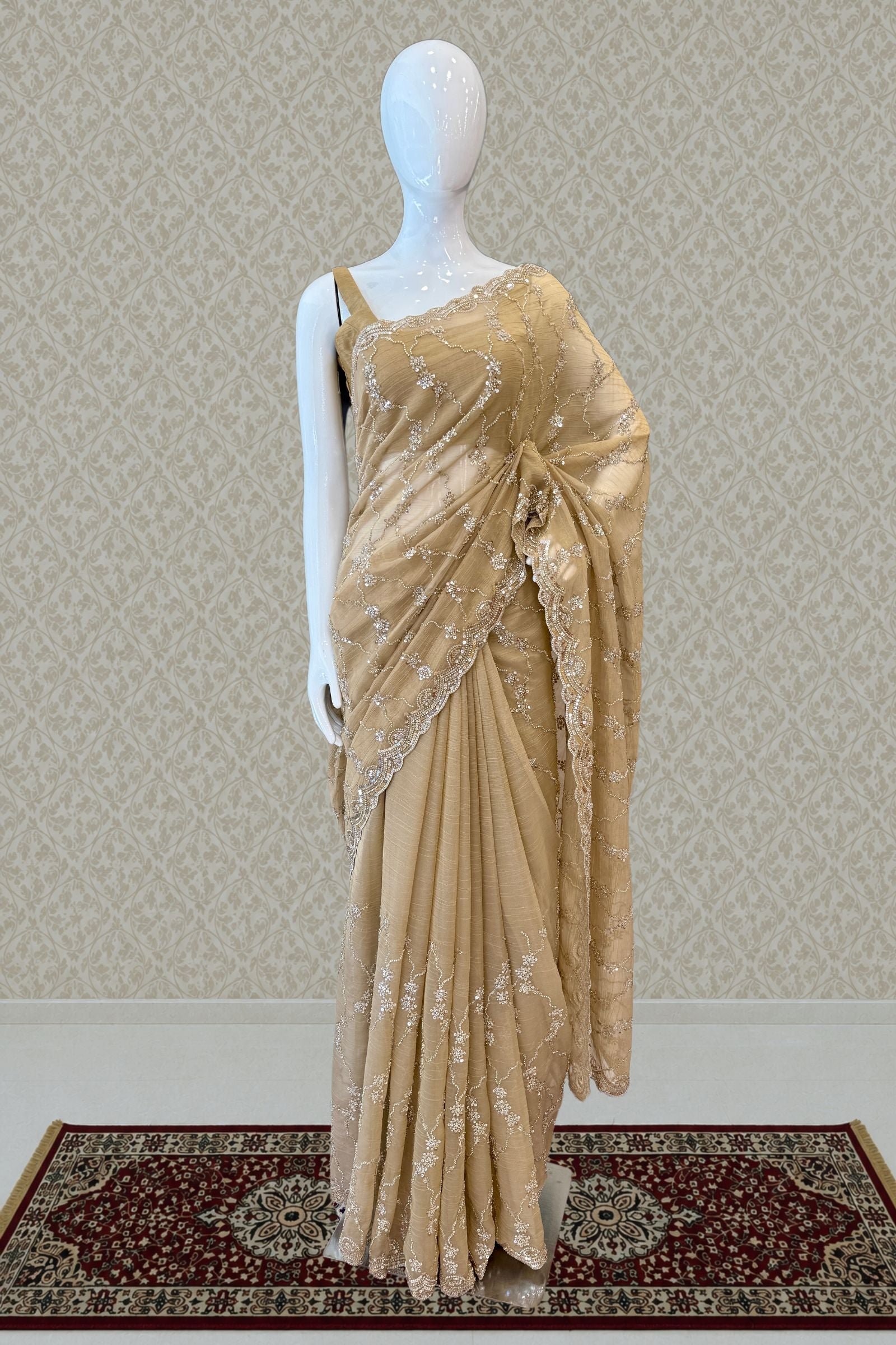 Chiku Saree With Beads, Zari And Sequins Work