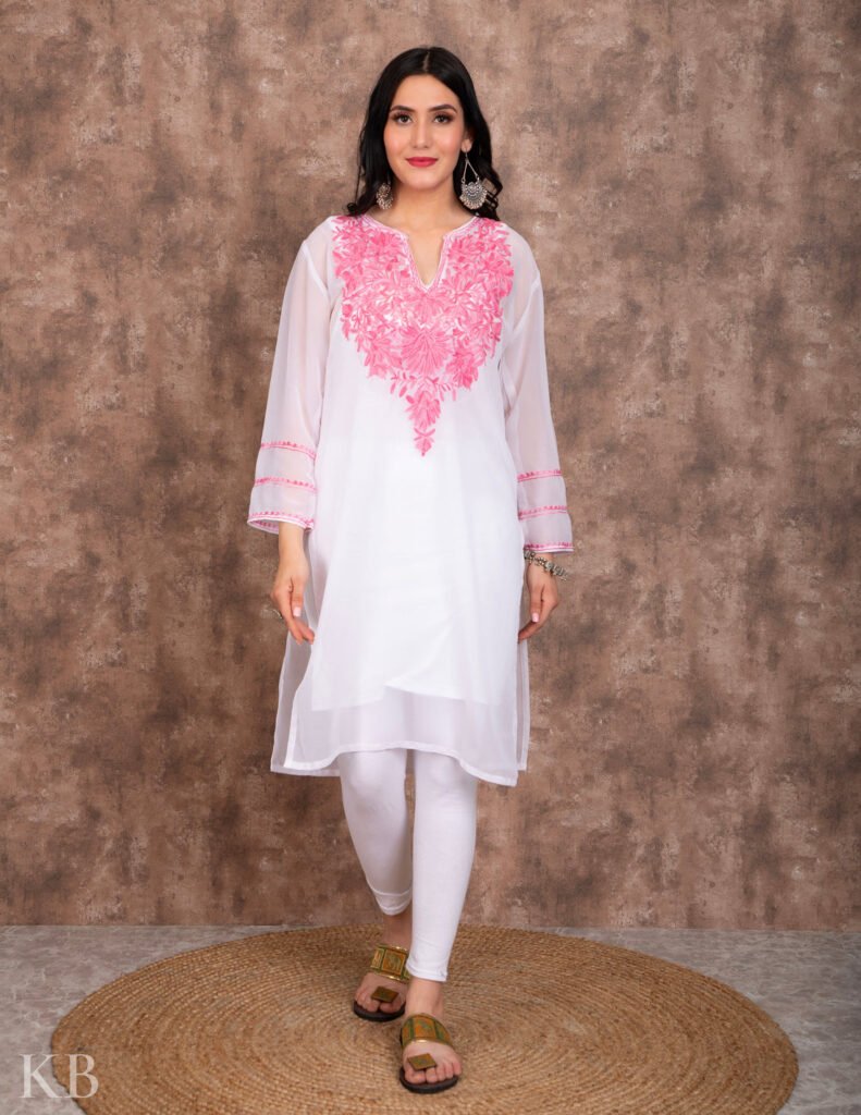 Powdered White Aari Embroidered Georgette Kurti by Kashmir Box, South Asian ethnic wear
