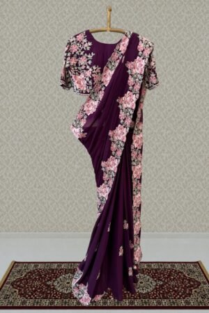 Wine Saree With Exquisite Floral Thread, Sequin And Bead Embellishments by Seasons Chennai, South Asian ethnic wear