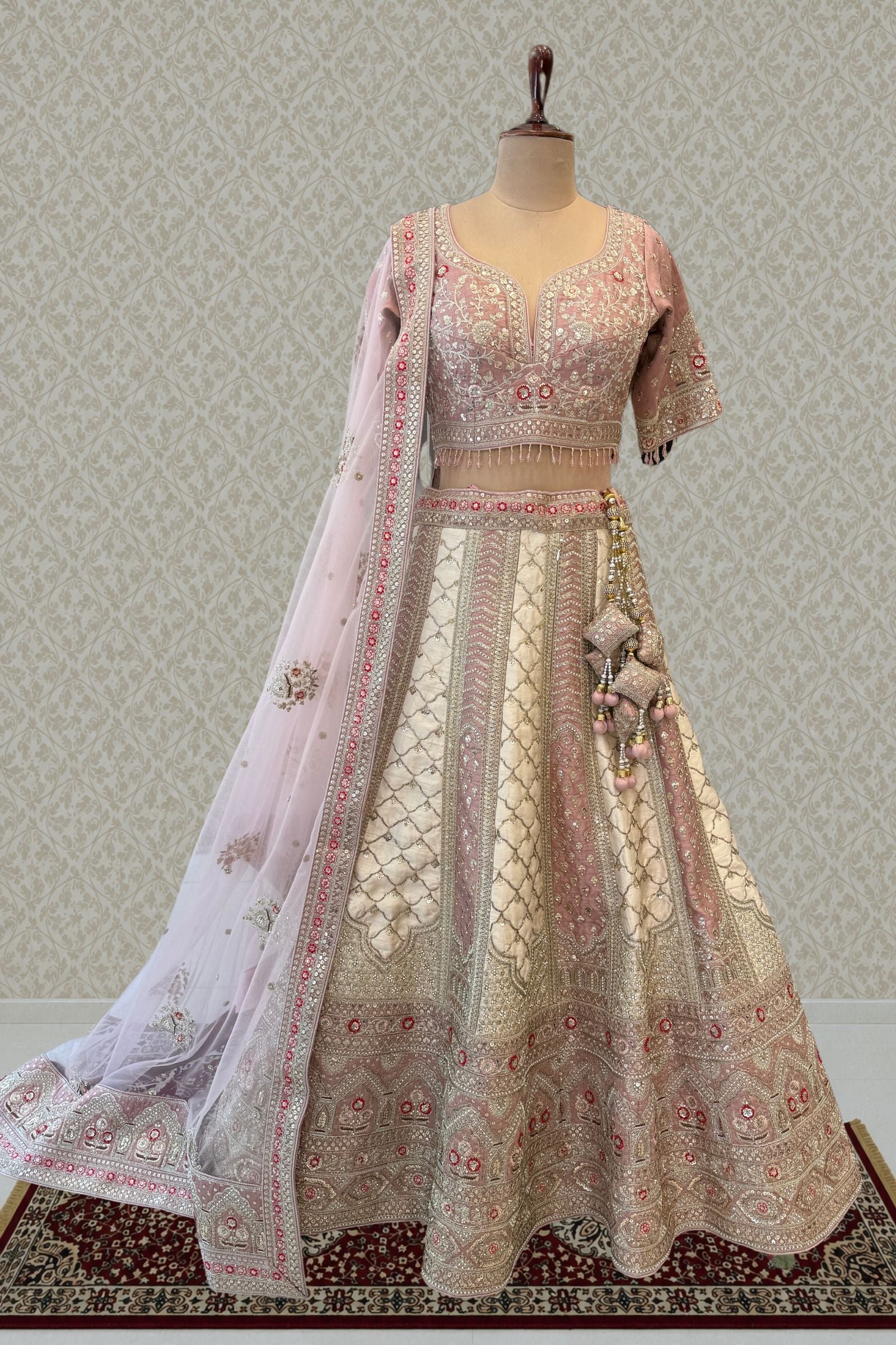 Cream And Blush Pink Bridal Lehenga With Intricate Sequins, Zari, Pearl, Beads And Stone