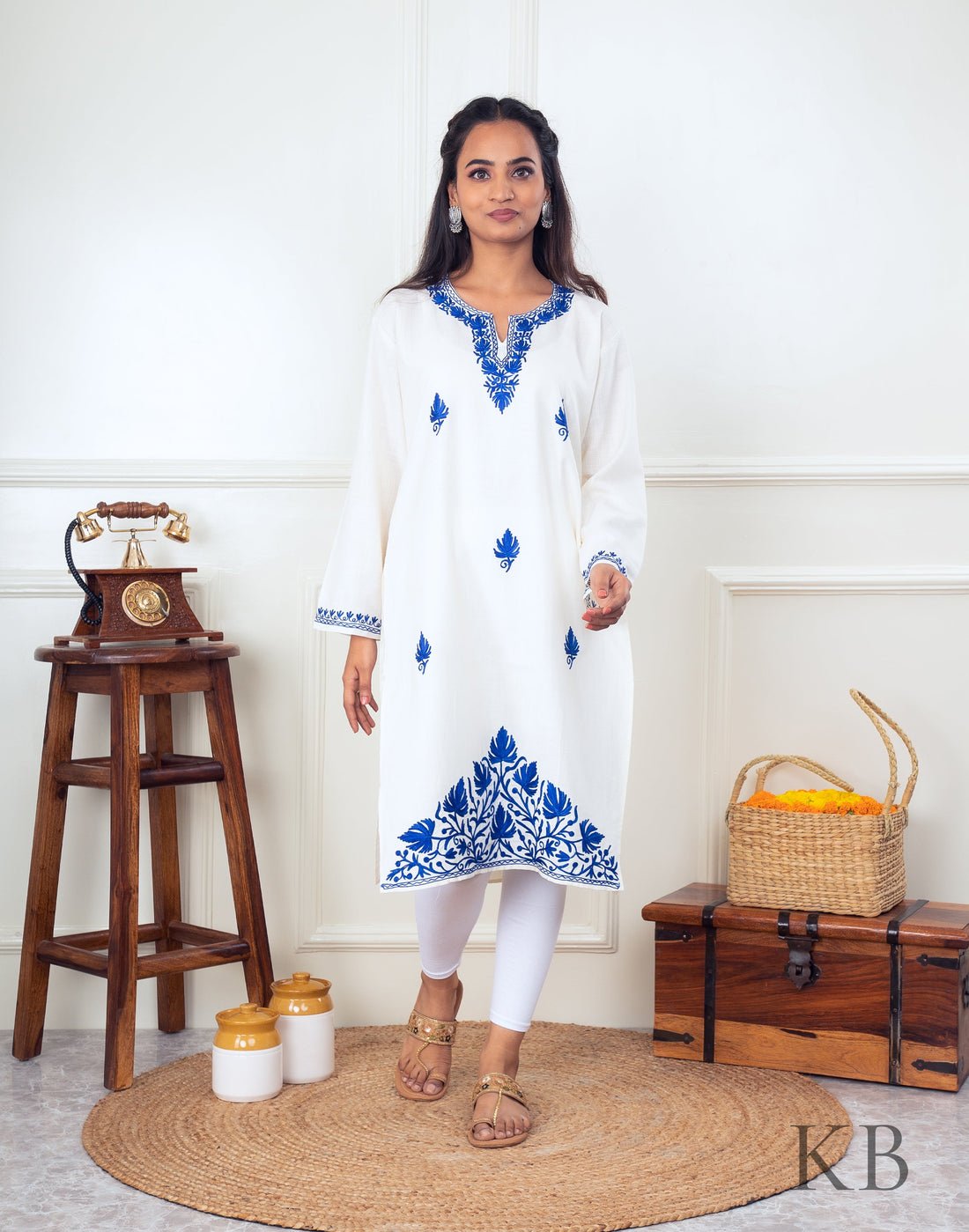 Poshdaar White Kashmiri Aari Embroidered Cotton Kurti For Women by Kashmir Box, South Asian ethnic wear