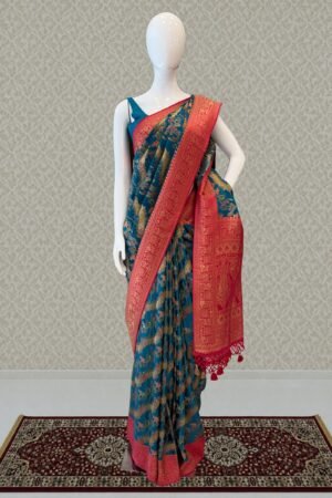 Rama Blue Saree Featuring Heritage Wildlife And Floral Banaras by Seasons Chennai, South Asian ethnic wear