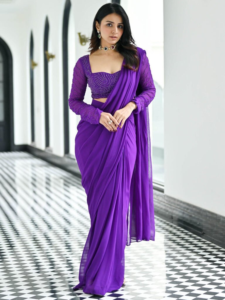 Noor Purple Predraped Saree by Lavanya The Label, South Asian ethnic wear