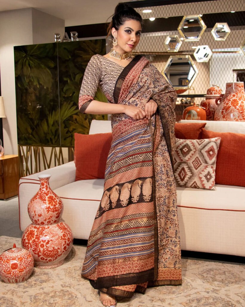 Mahnoor Handblock Chanderi Silk Saree by Aachho, South Asian ethnic wear