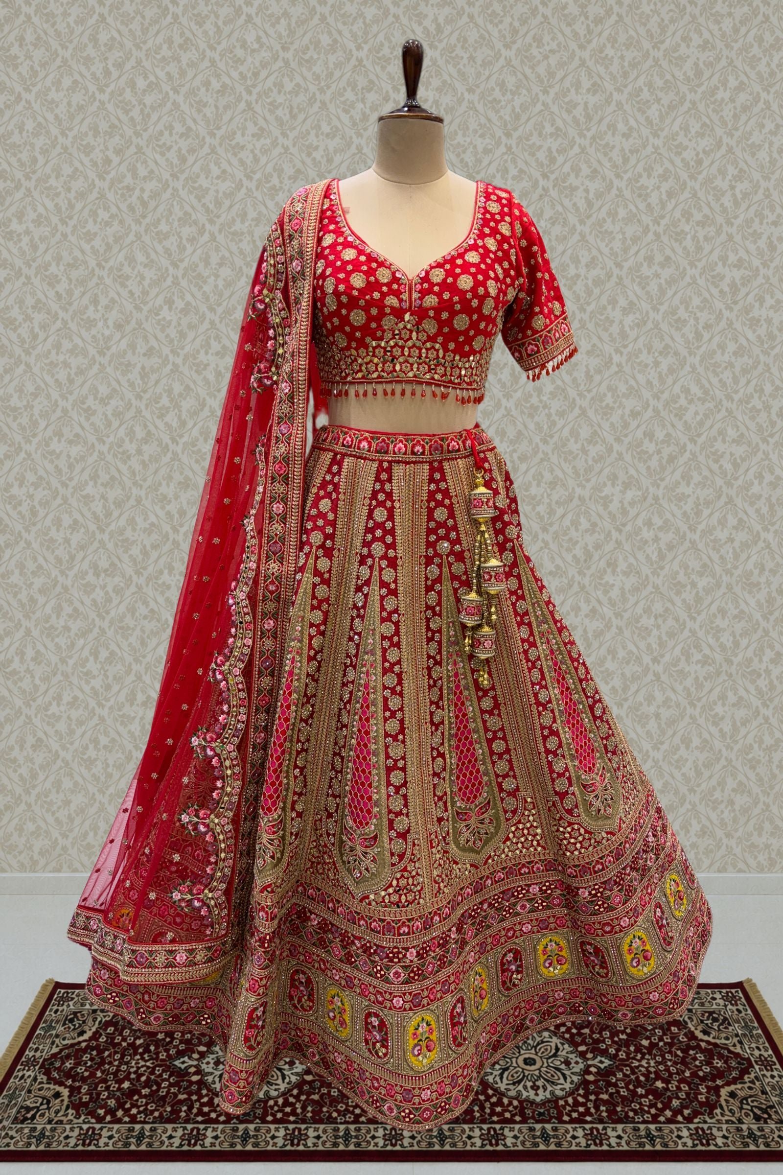 Designer Bridal Red Lehenga With Rich Multicolor Embroidery, Stone And Mirror Work