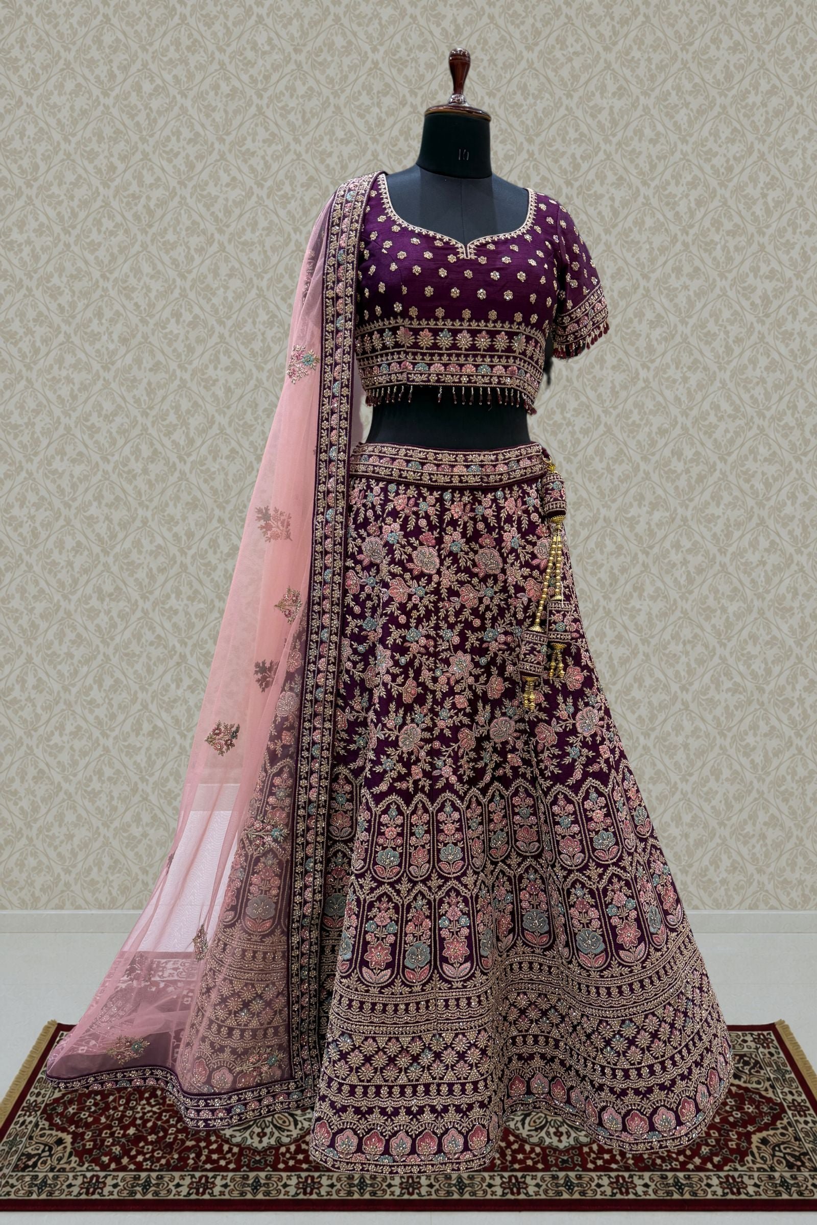 Designer Bridal Wine Lehenga With Rich Multicolor Embroidery, Stone And Beads Work