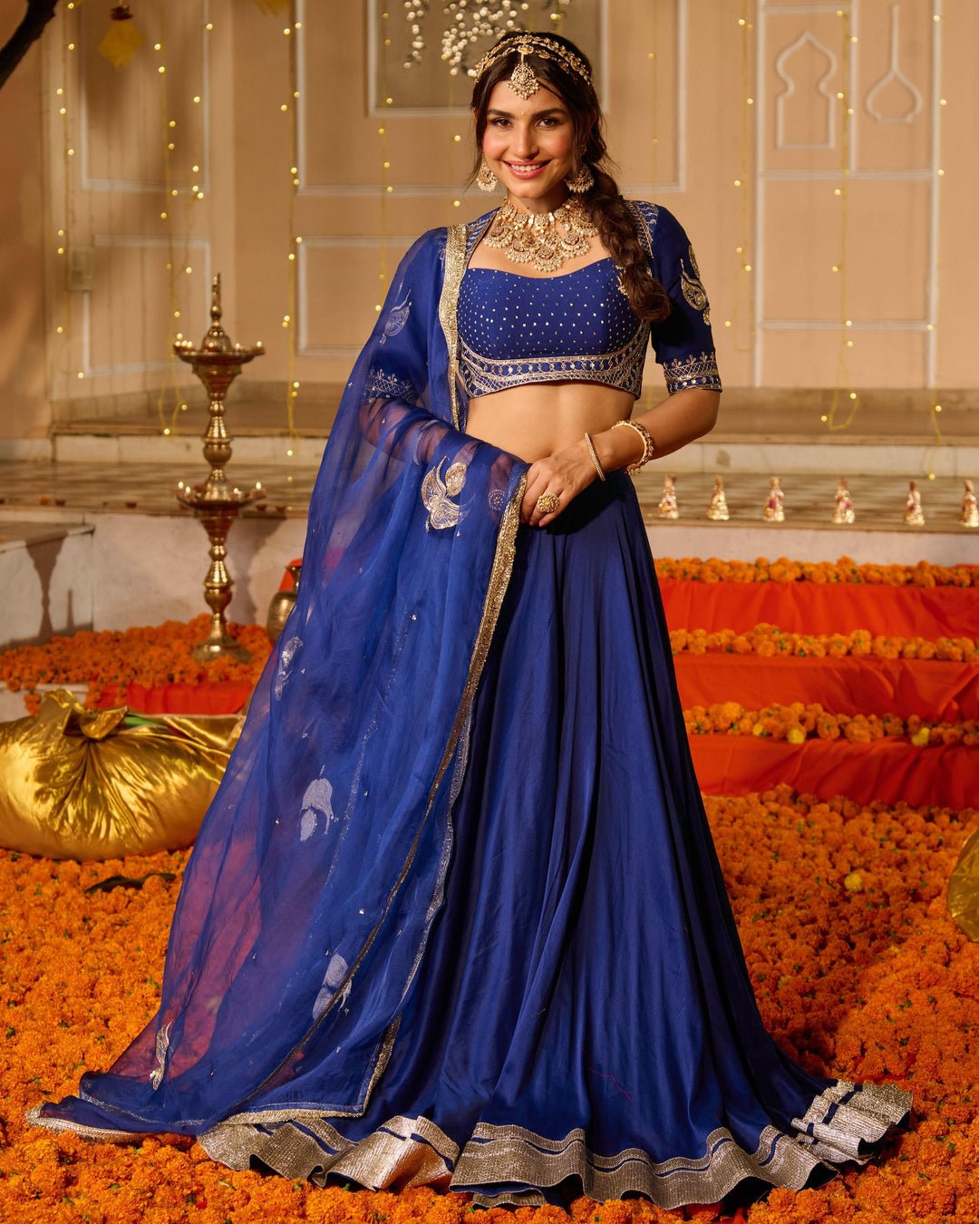 Kanika Blue Solid Chanderi Lehenga Set by Aachho, South Asian ethnic wear