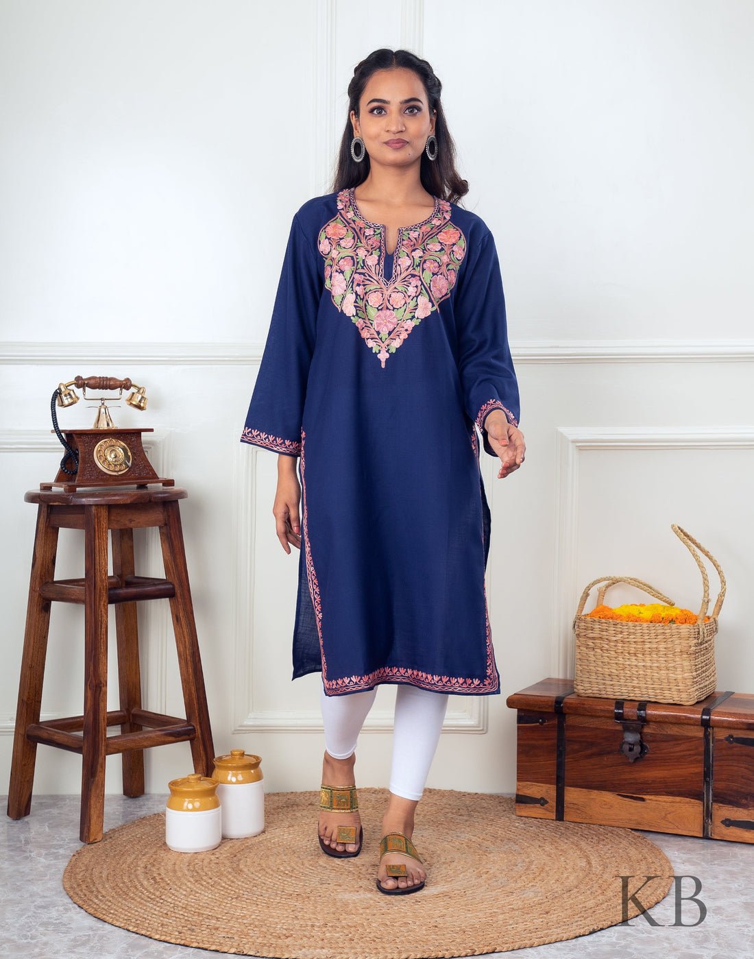 Full Neck Design Aari Embroidered Cotton Kurti by Kashmir Box, South Asian ethnic wear