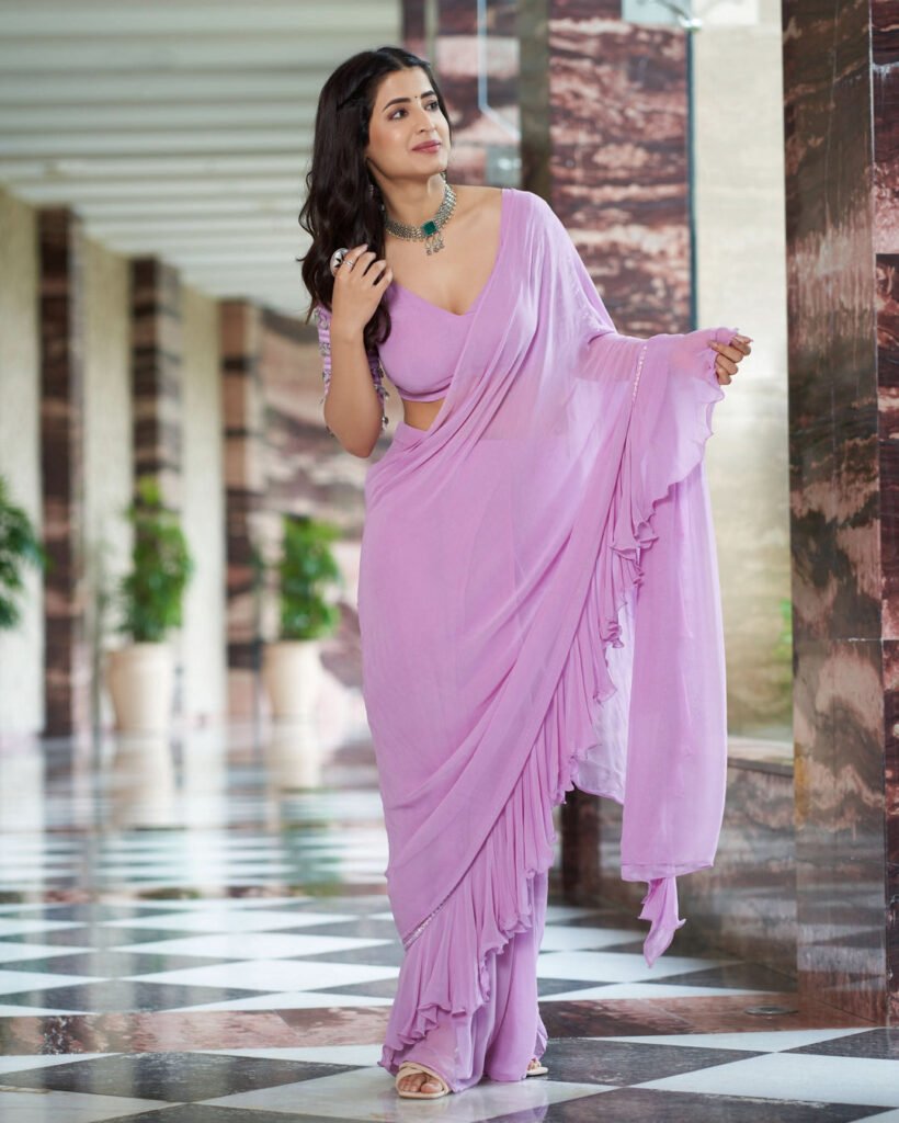 Anvita Lavender Solid Georgette Pre Draped Saree by Aachho, South Asian ethnic wear