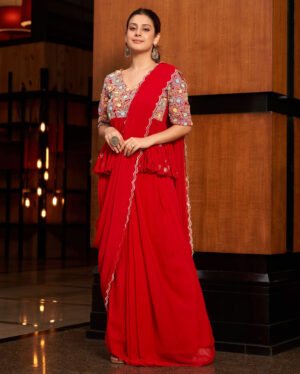 Phool Red Embroidered Georgette Pre Draped Saree