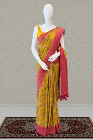 Yellow Saree Featuring Heritage Wildlife And Floral Banaras by Seasons Chennai, South Asian ethnic wear