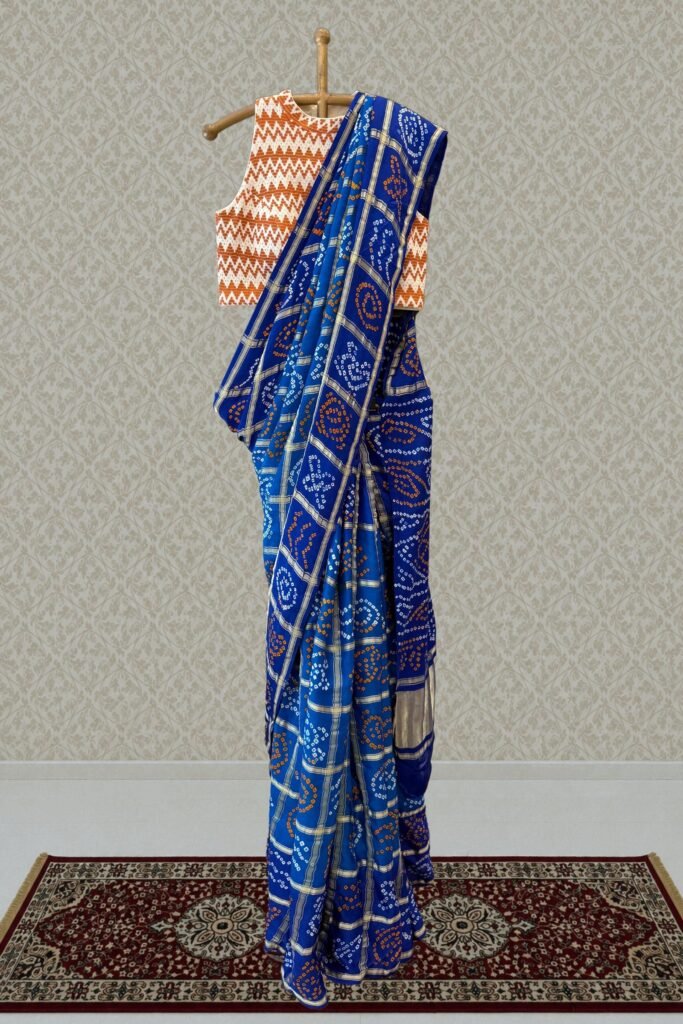 Royal Blue Traditional Bandhani Print Saree With Elegant Silver Zari Weaving by Seasons Chennai, South Asian ethnic wear