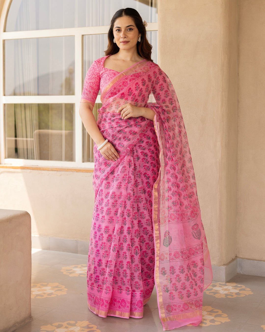 Rose Pink Doria Printed Saree by Aachho, South Asian ethnic wear