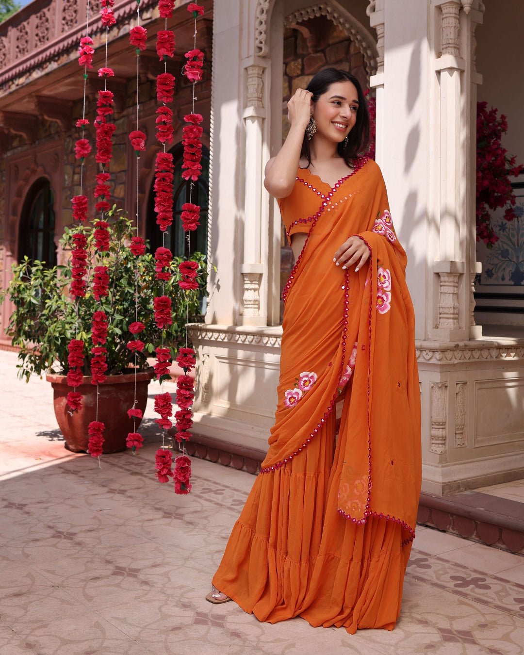 Coral Crush Orange Mirror Work Handpainted Georgette Pre Draped Saree by Aachho, South Asian ethnic wear