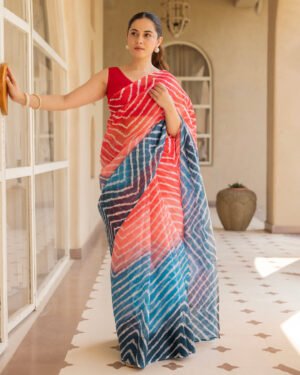 Kiran Red Blue Doria Leheriya Saree