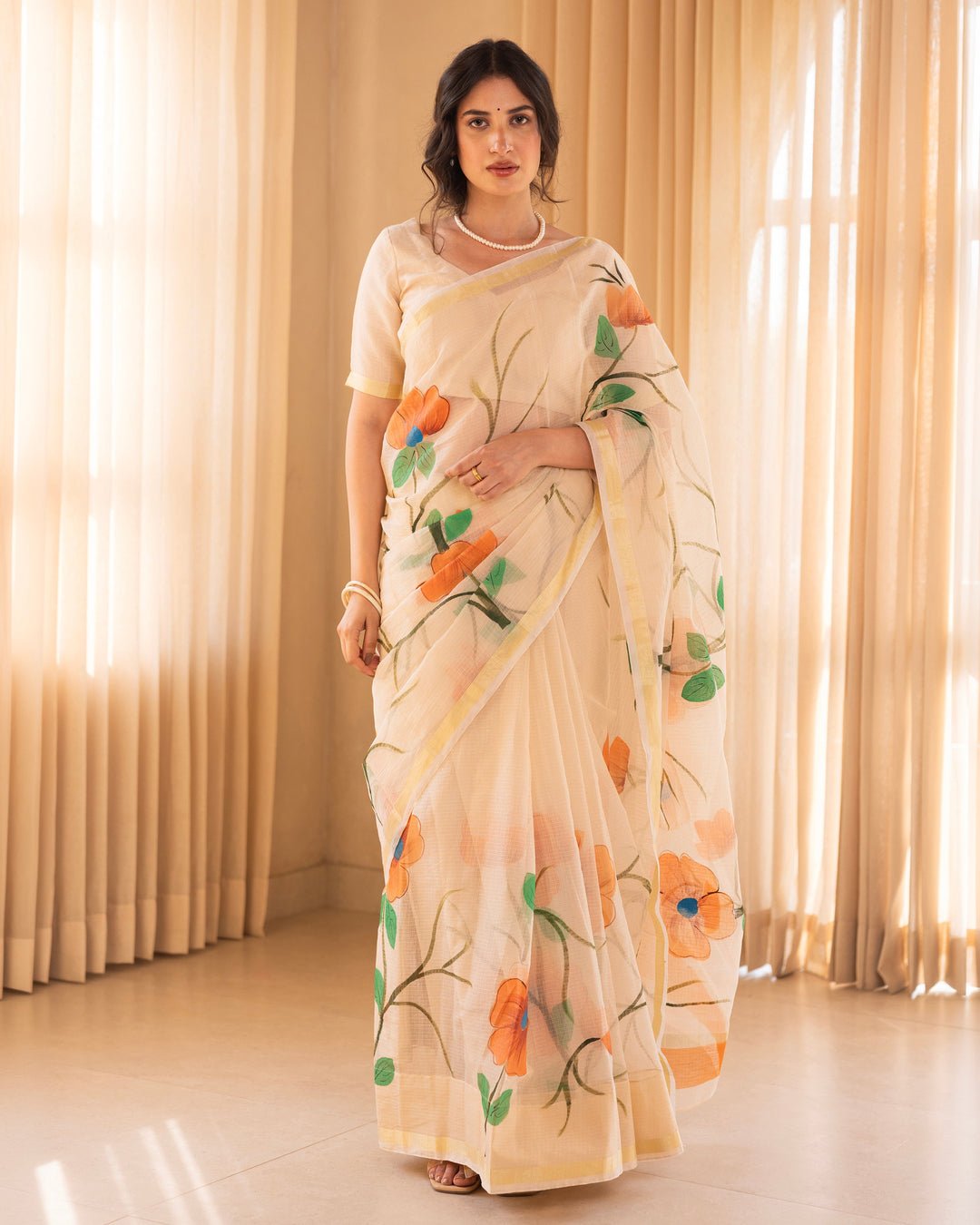 Padmika Beige Doria Handpainted Saree by Aachho, South Asian ethnic wear