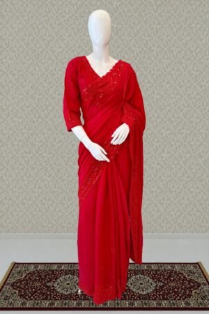 Red Beads, Thread And Sequins Work Saree by Seasons Chennai, South Asian ethnic wear